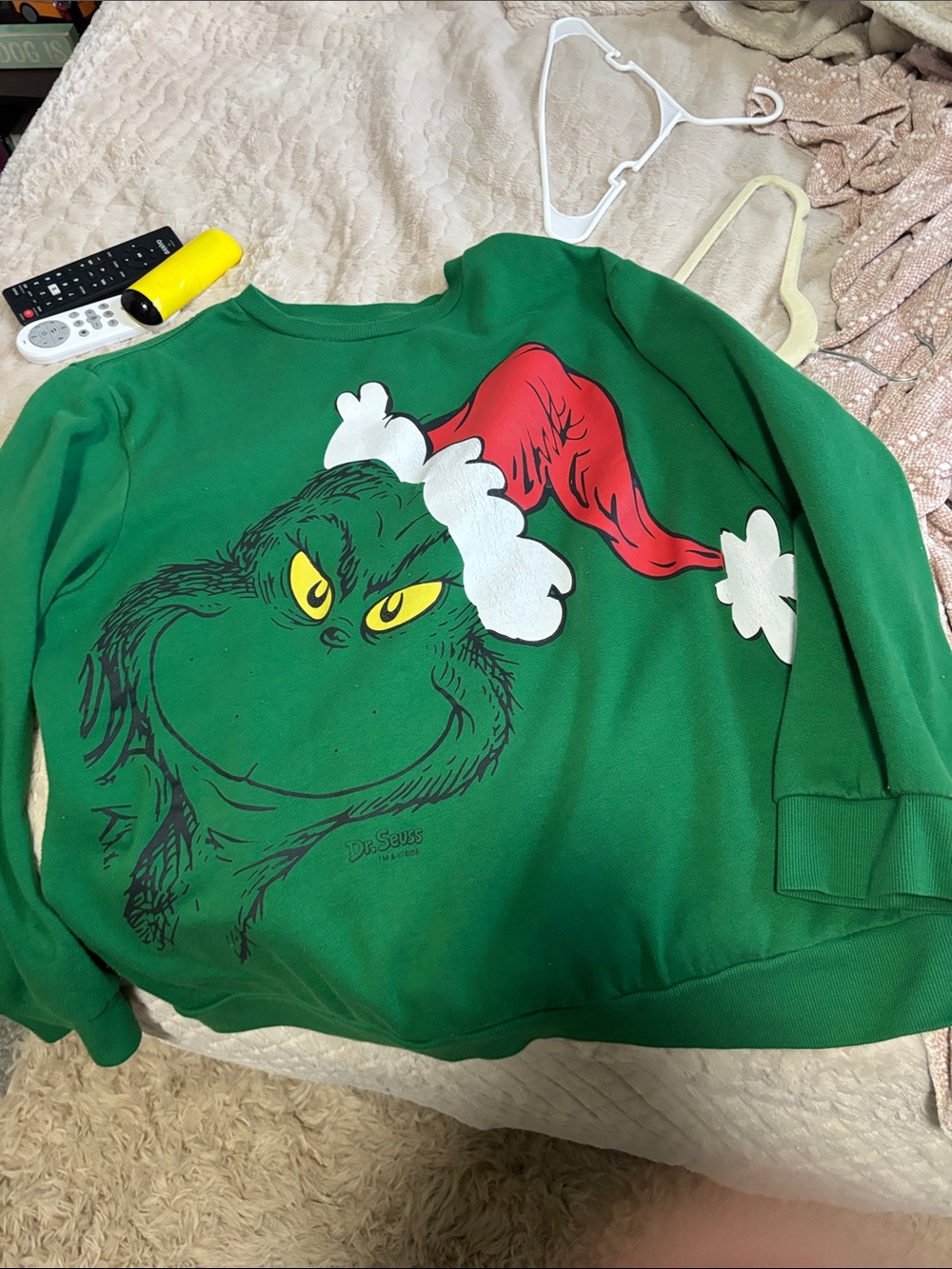 Dr. Seuss Grinch Holiday Green Sweatshirt Top with Red Santa Hat